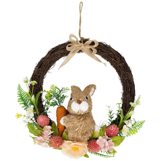 12" Floral Grapevine Spring Easter Wreath with Rabbit